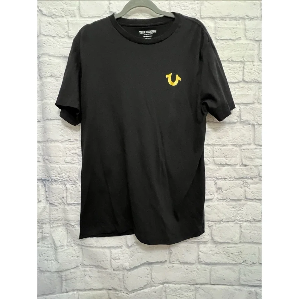 True Religion Men's T-Shirt Black w/ Gold Foil Halo Logo Size L